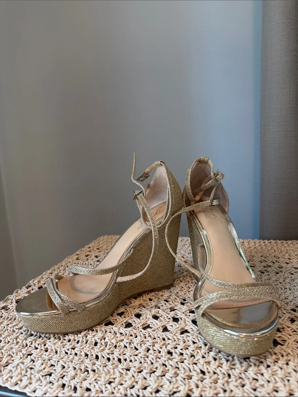 Badgley Mischka Metallic Gold Wedge Sandals with Ankle Strap